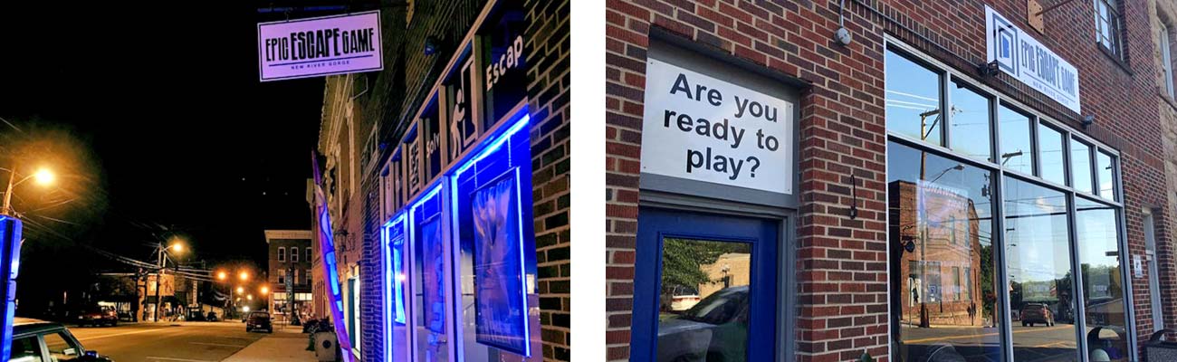 The brick exterior of Epic Escape Game New River Gorge at night and during the day in downtown Fayetteville, West Virginia.