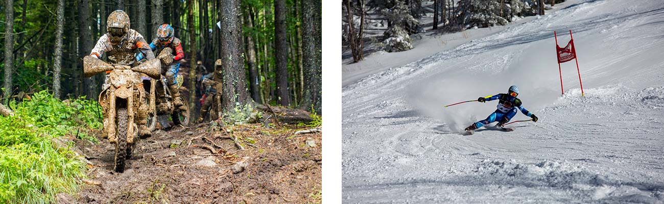 A dirt bike rider participates in the GNCC downhill race at Snowshoe Mountain, and a skier clears a flag in the downhill ski race at Snowshoe Mountain in Pocahontas County, West Virginia.