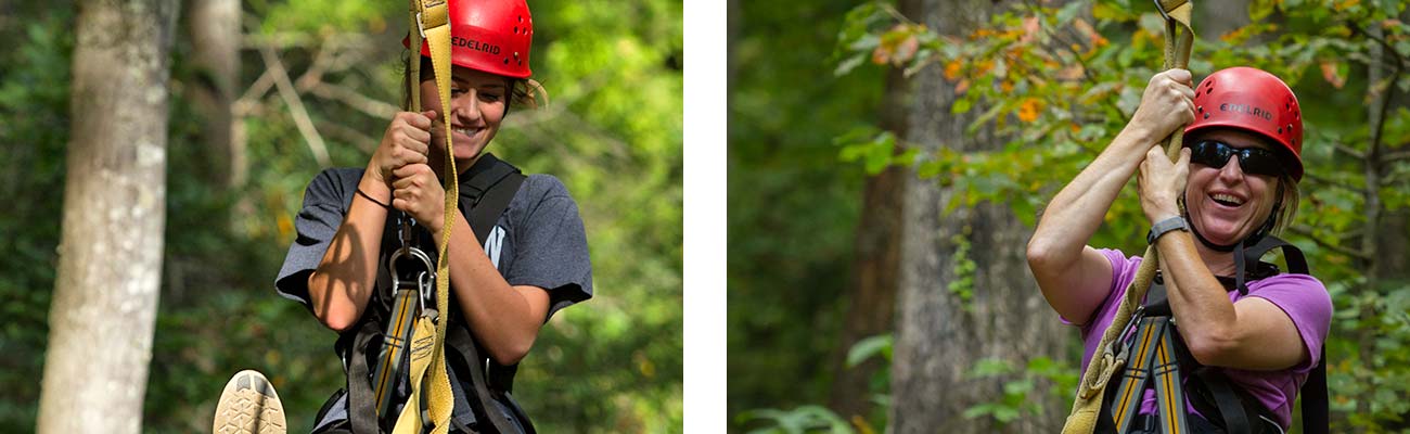 Women fly through the trees on the gravity brake zip line course at ACE Adventure Resort in the New River Gorge.