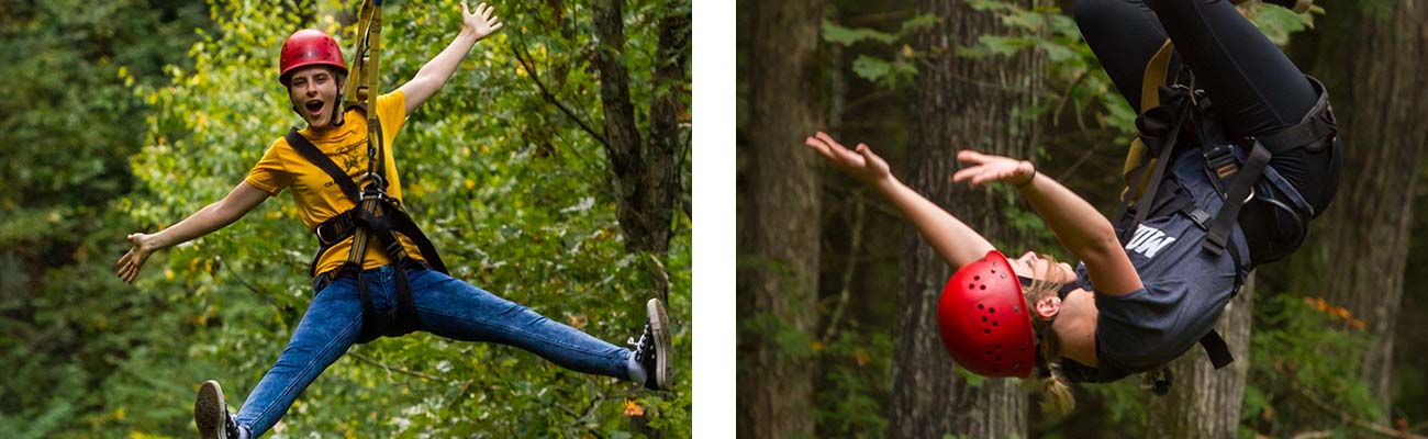 Two friends fly through the air on gravity zip lines at ACE Adventure Resort.