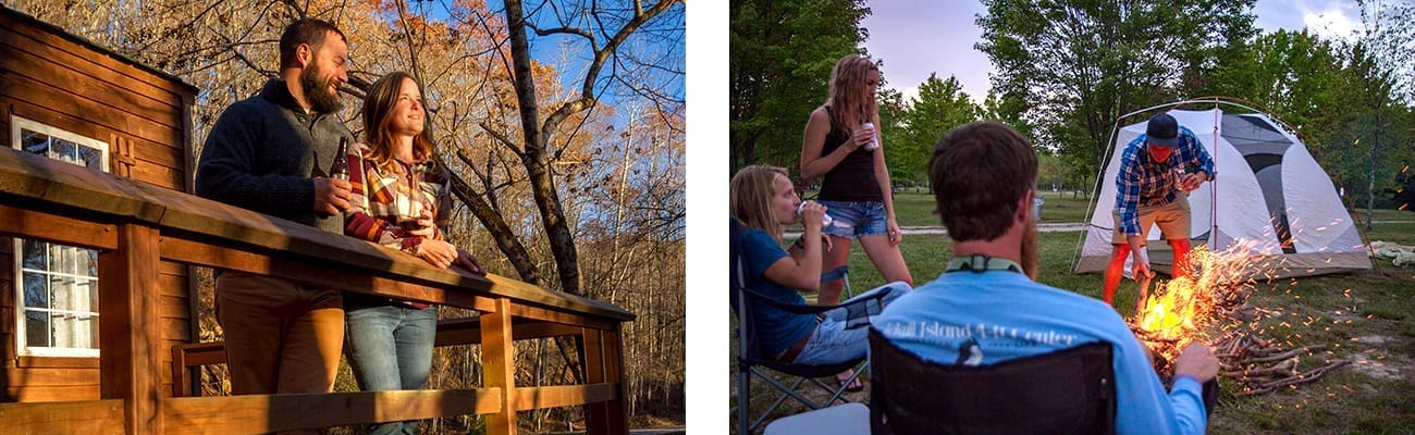 Beer on the porch of a Cozy Cabin rental and campground campfire at ACE Adventure Resort in the New River Gorge.