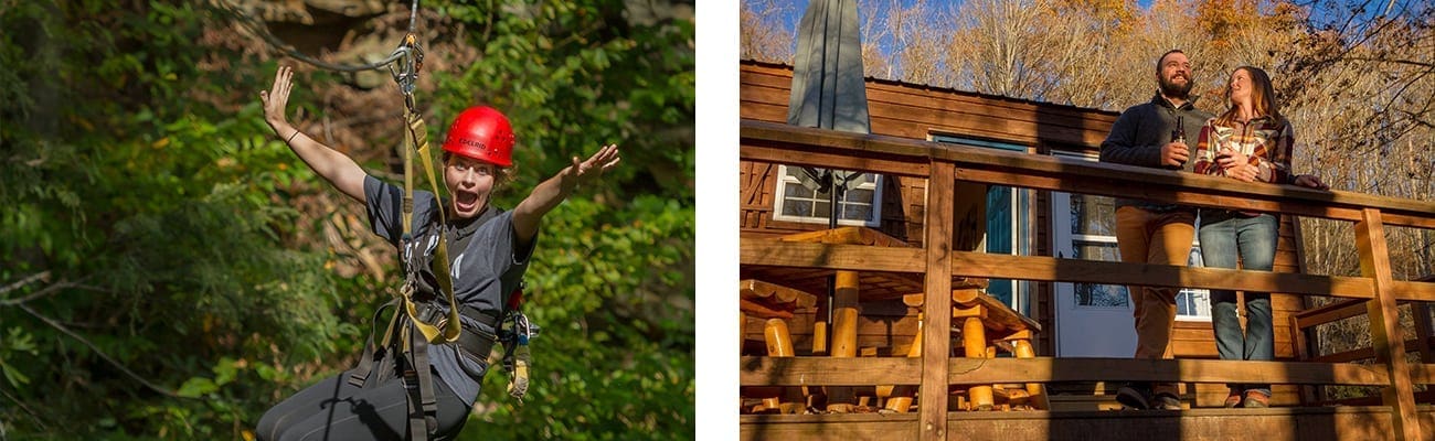 Zip lining and cabin camping at ACE Adventure resort, one of the best west virginia camping resorts.