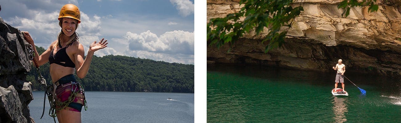 Sport climbing on cliffs at Summersville Lake, and SUP stand up paddle boarding next to a waterfall on the Summersville Lake pontoon adventure with ACE Adventure Resort in West Virginia.