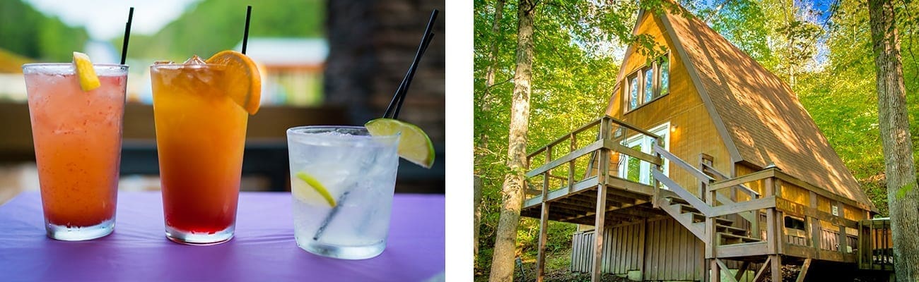Cocktails and beer at the Lost Paddle bar and grill, and a cabin for rent at ACE Adventure Resort in West Virginia.