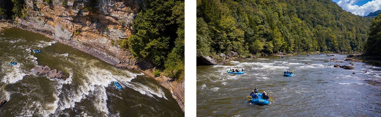 Scenic views and rapids on the Lower Gauley River within the Gauley National Recreation Area in West Virginia.