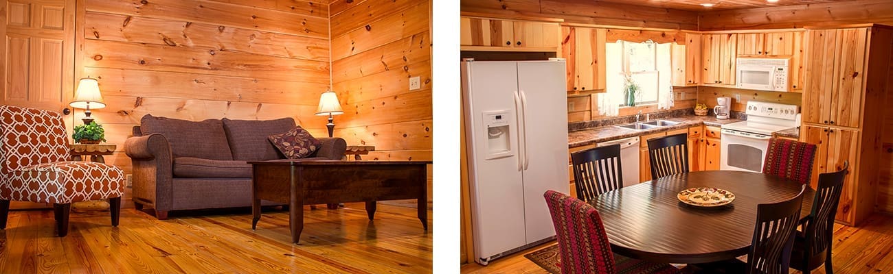 The kitchen and living room interior of Black Bear cabin at ACE Adventure Resort in Oak Hill, WV.