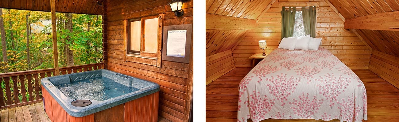 The porch hot tub and interior bedroom of the Log Cottage for rent at ACE Adventure Resort in West Virginia.