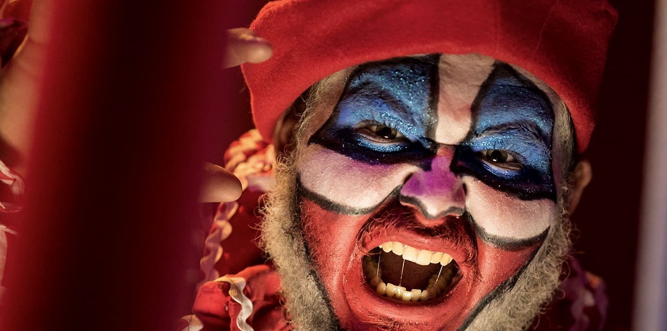 Crusty the Clown in character costume during Nightmare in the Gorge haunted house at ACE Adventure Resort.