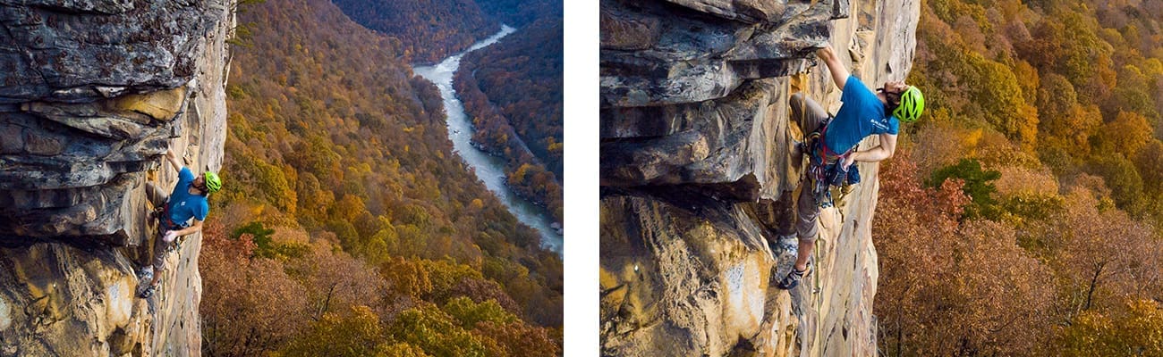 Climbing hard sandstone walls in the New River Gorge, West Virginia.