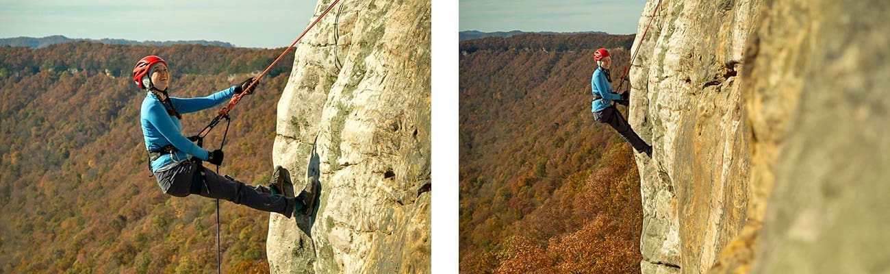Rappelling in the lower New River Gorge with ACE Adventure Resort guides in West Virginia.