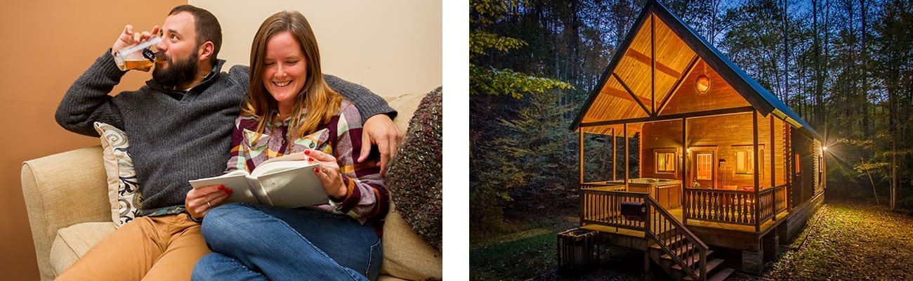 Inside a cozy cabin and Aspen Lodge cabin, two New River Gorge cabins available to rent at ACE Adventure Resort.