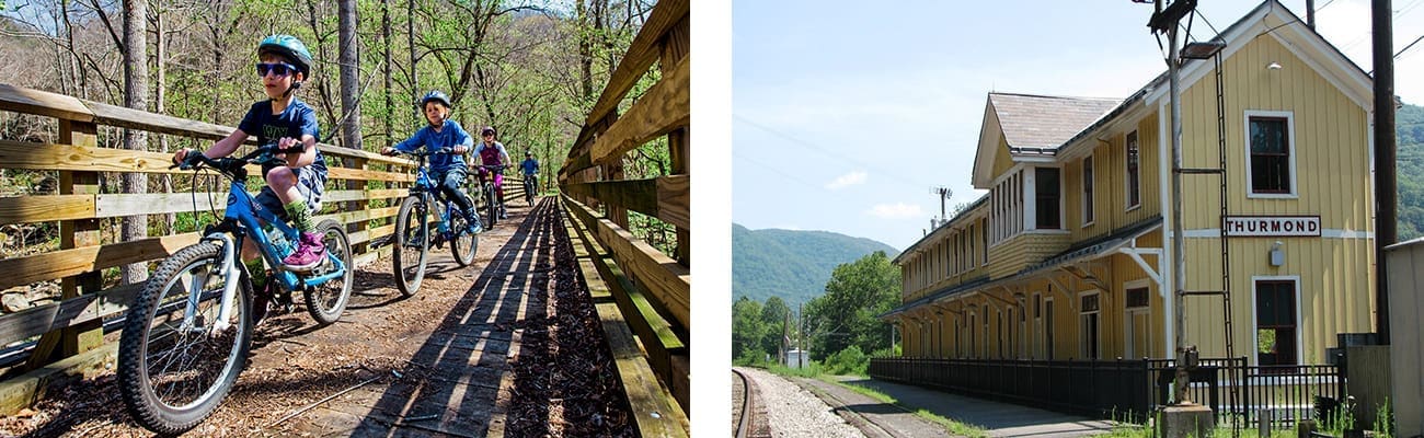 Guided biking tours for families and ghost town tours of historic Thurmond, West Virginia, both with ACE Adventure Resort.