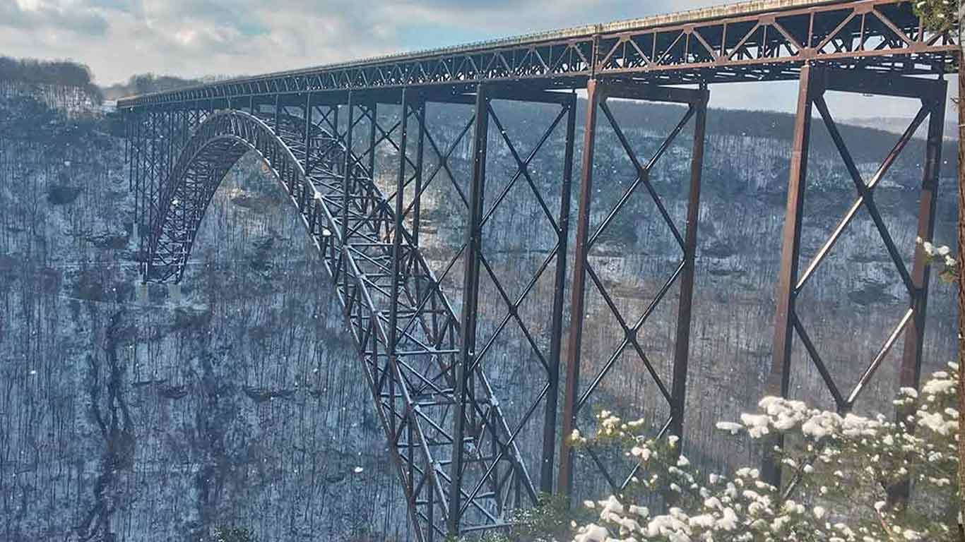 Snowy photo of the New River Gorge Bridge 