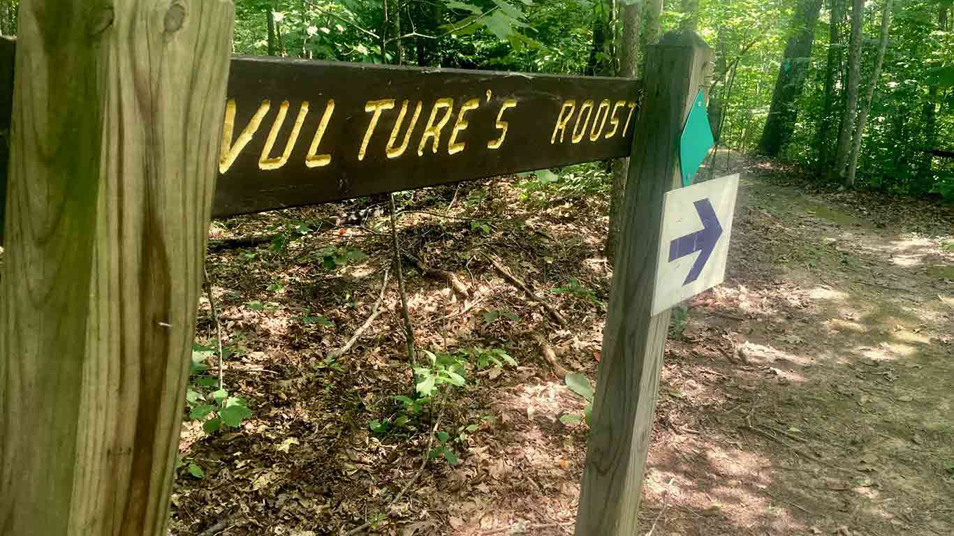 Trail photo with a sign that reads "Vulture's Roost"